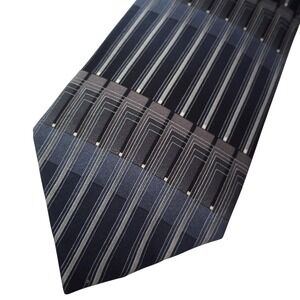 Nubio Collezione Esclusivo Mens Silk Tie Navy Blue Grey Geometric Striped